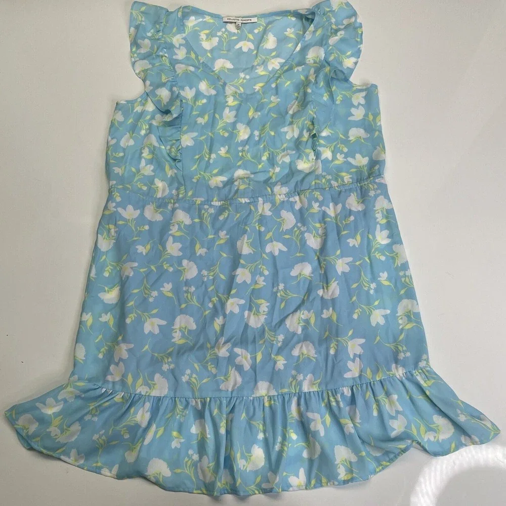Collective Concepts Ruffled Floral Mini Dress Light Blue Size Large NEW w/o Tags - Picture 2 of 10